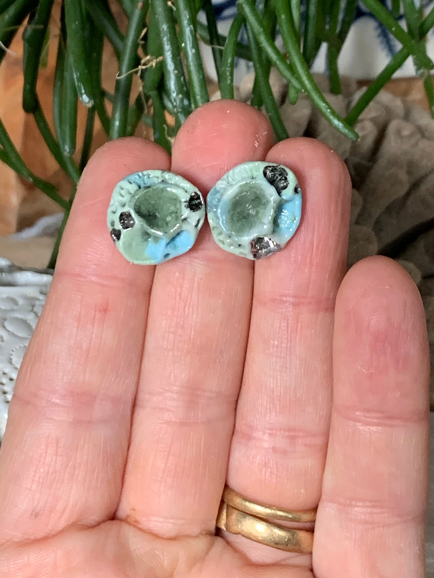 Green tones and silver lustre porcelain ‘coral’ studs, choose a pair