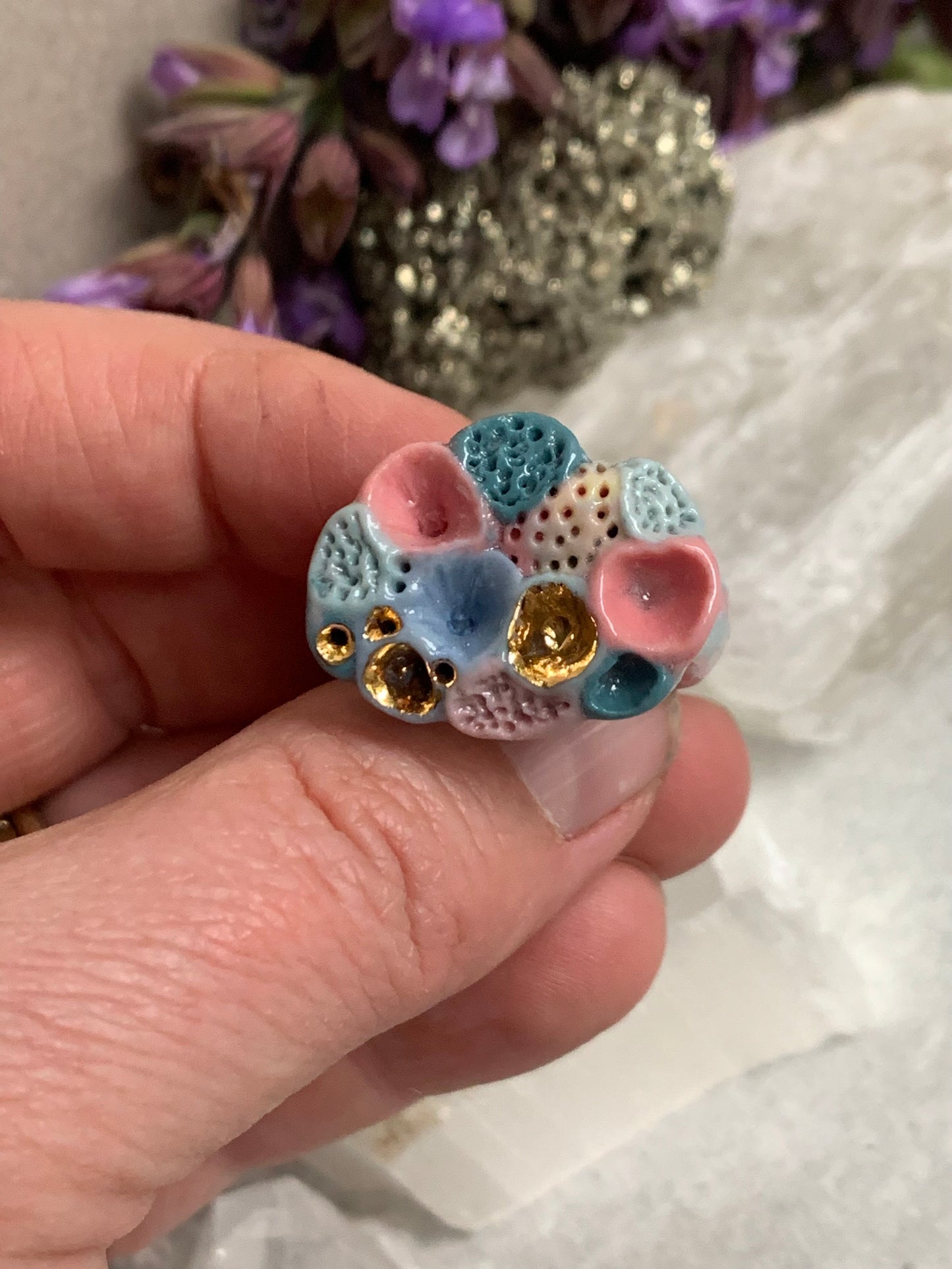 One gold  lustre with Blue/ pink / purple  tones ‘rock coral’ porcelain ring