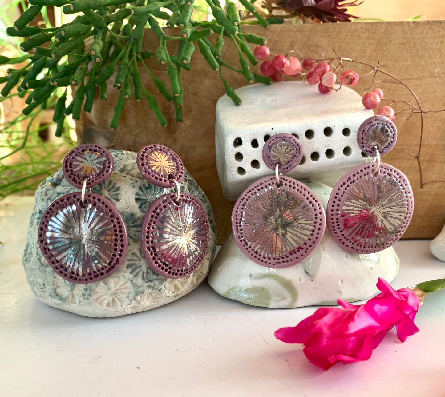 ‘Double star’ purple Porcelain Earrings with Platinum Lustre Detail