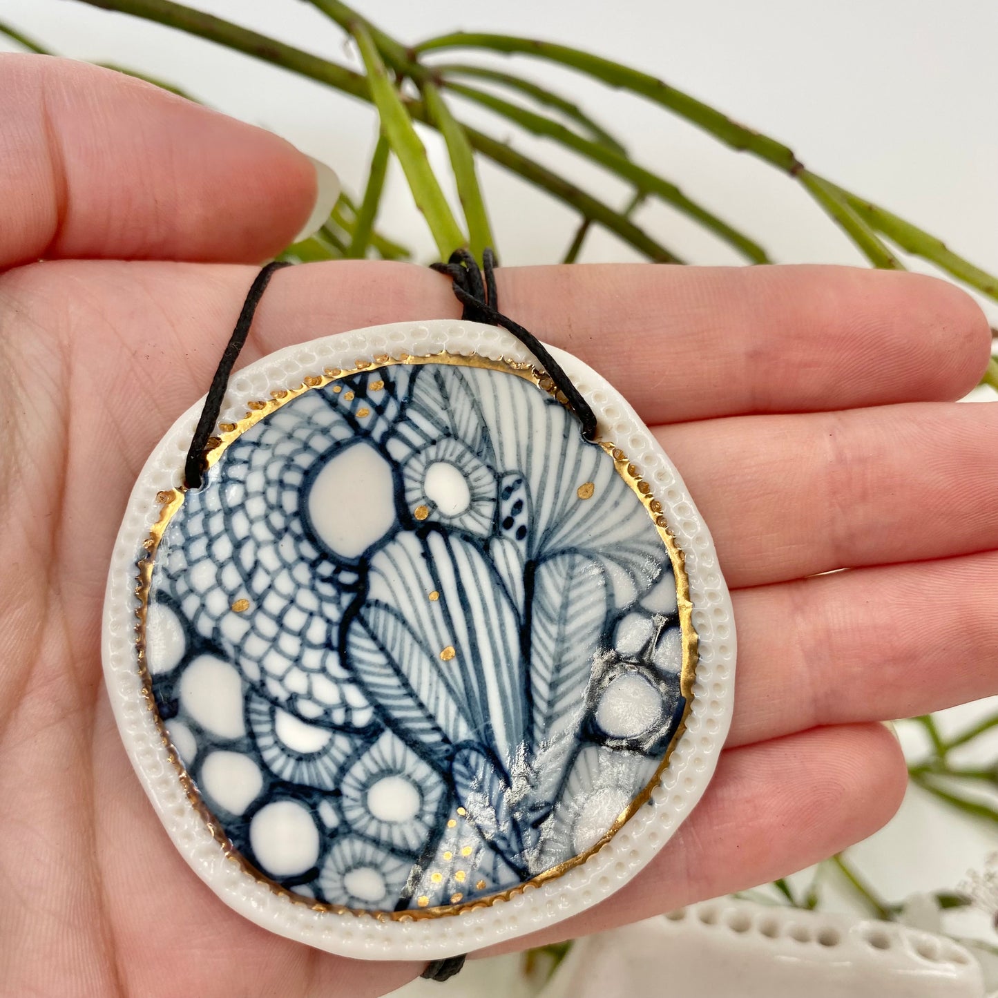 Porcelain Pendant Painted by Hand with Gold Details