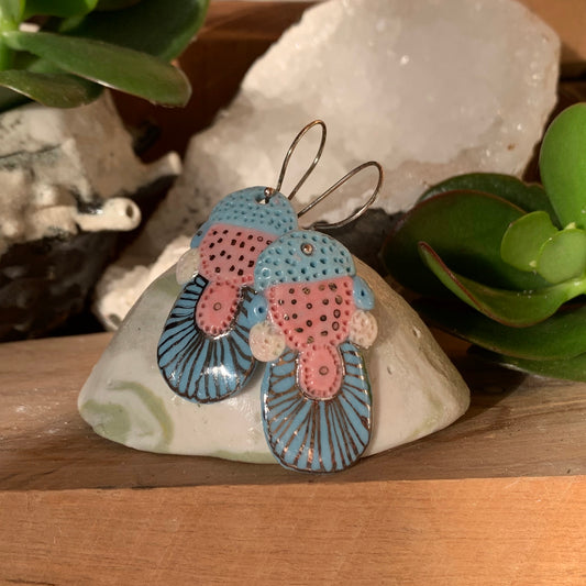 Blue, pink and silver porcelain earrings