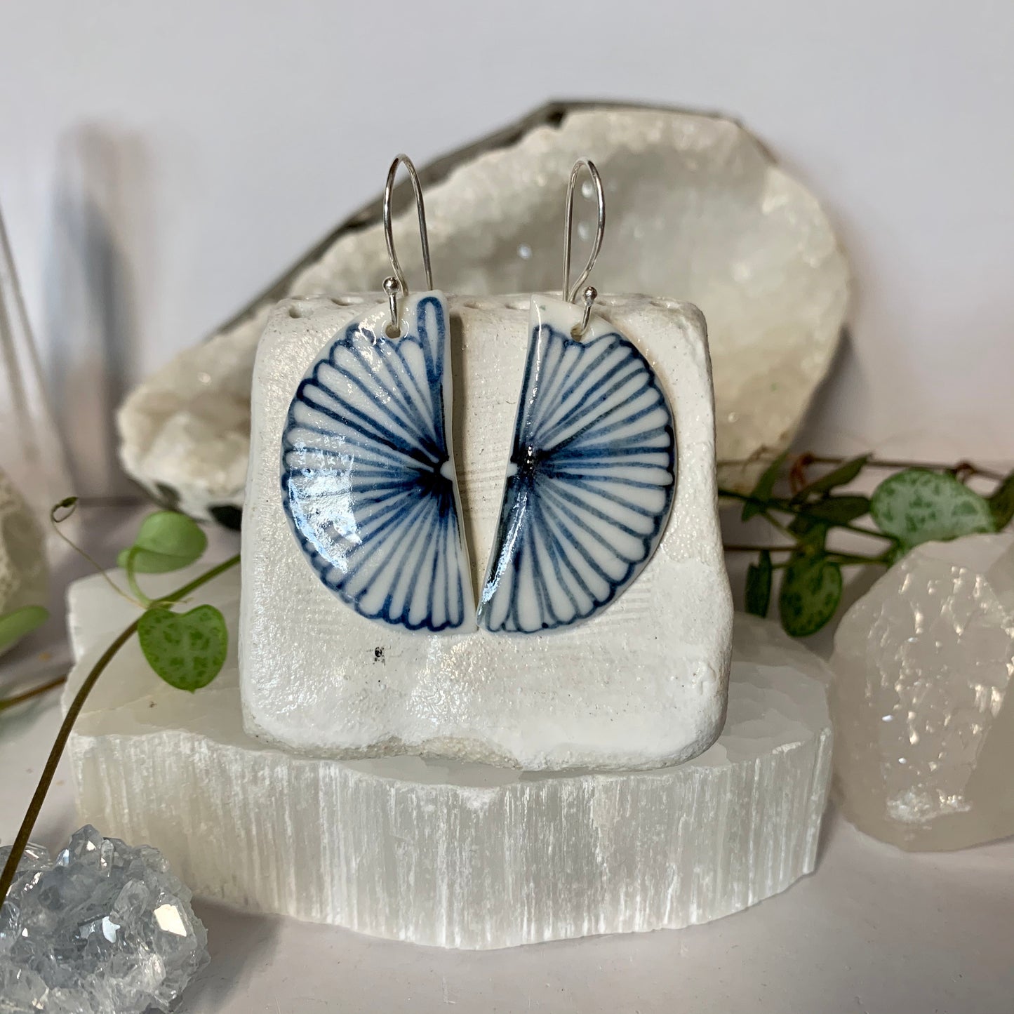 Half moon indigo ‘flower’ porcelain earrings