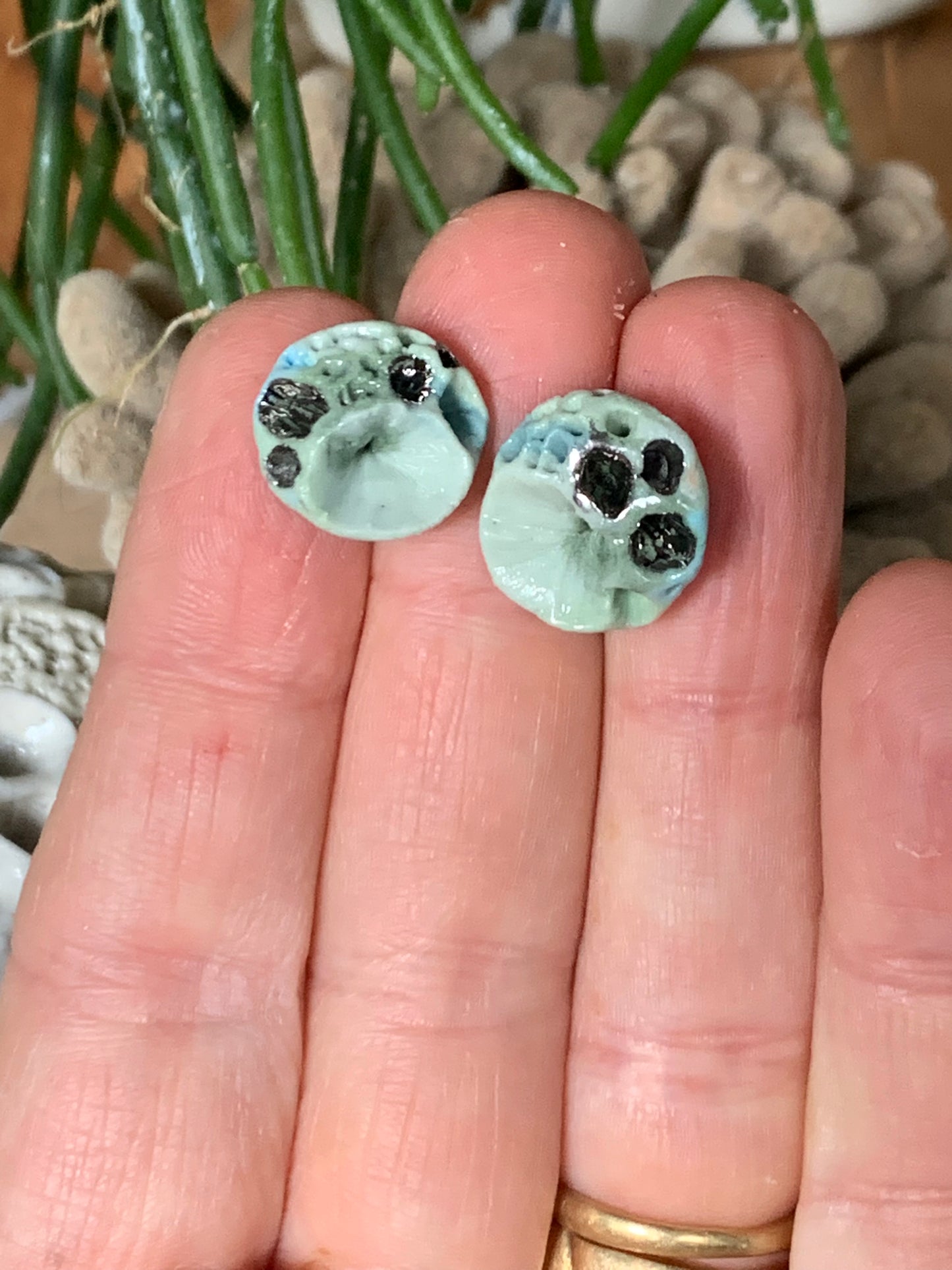 Green tones and silver lustre porcelain ‘coral’ studs, choose a pair