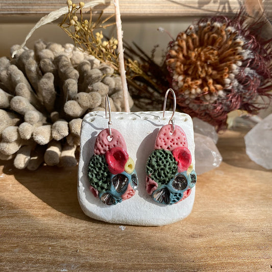 Hand Made Coral Earrings Pink Green Fuscia with Silver Detail