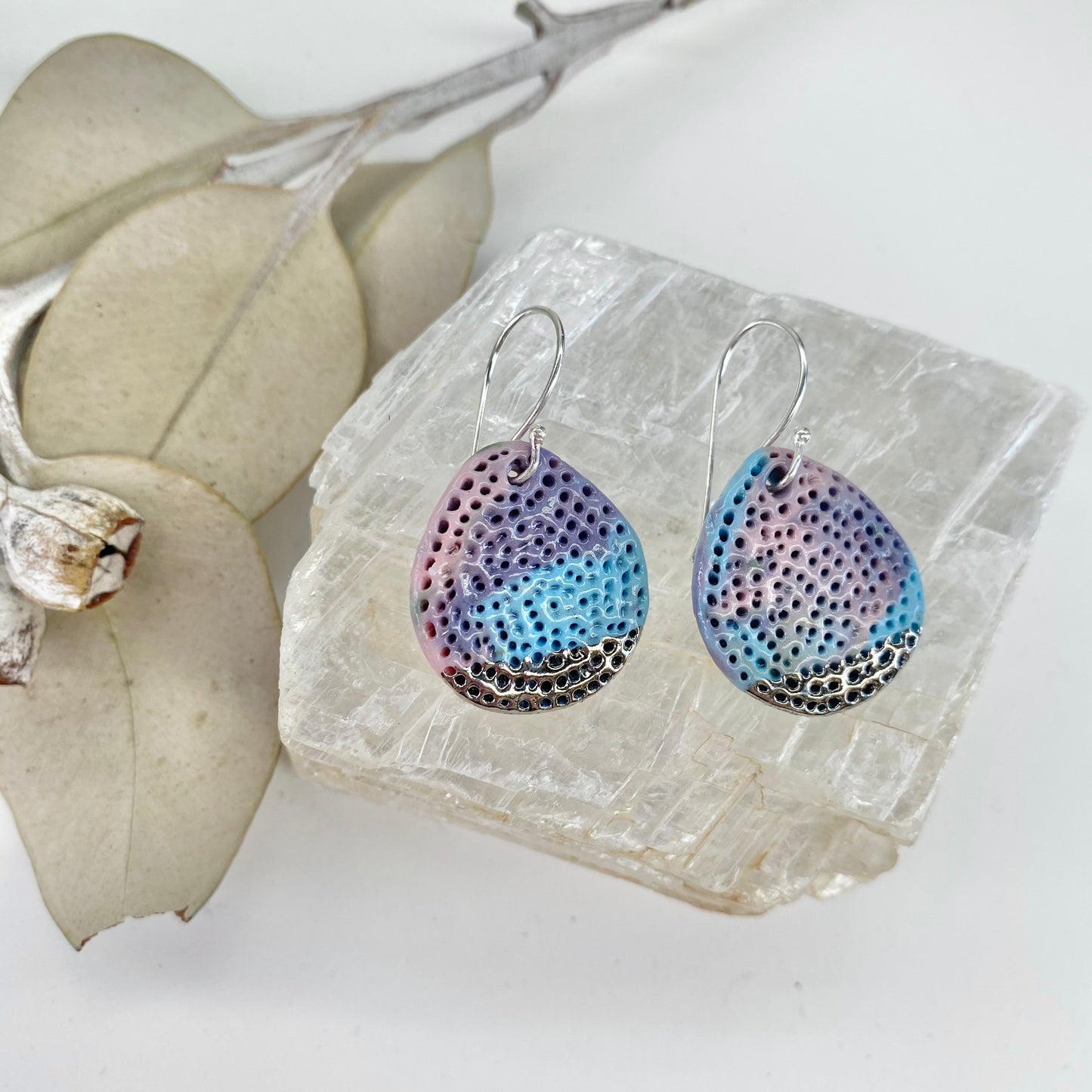 Coral Dot Crescent Porcelain Earrings