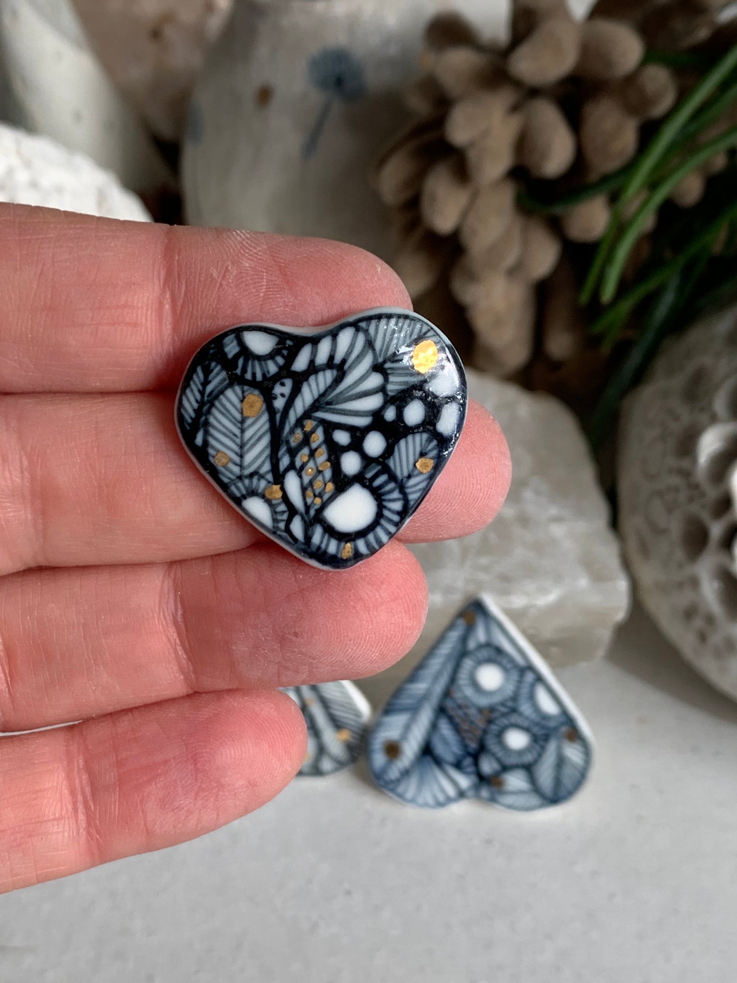 Indigo and white hand painted brooch, choose one