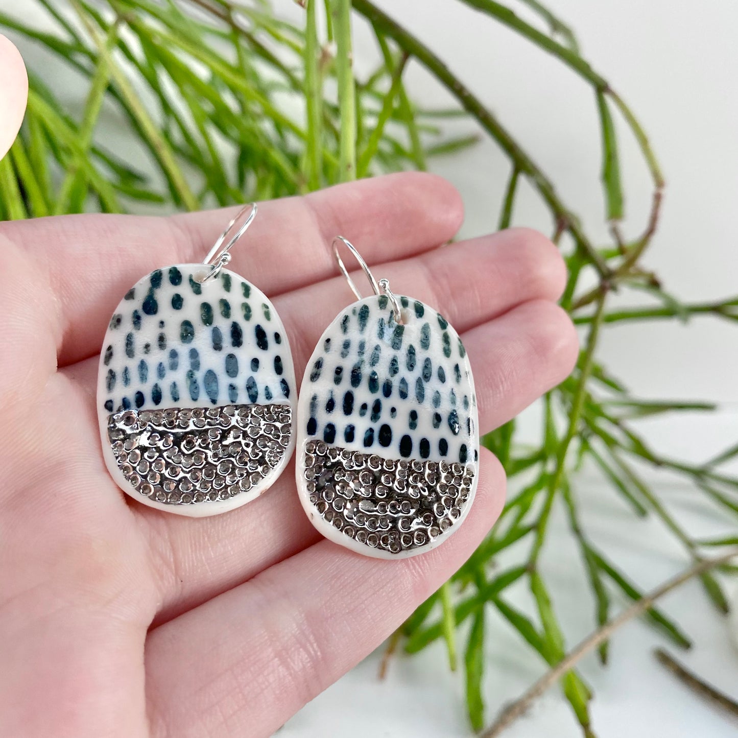 Hand Painted Porcelain Earrings With Silver Detail