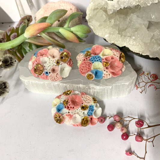‘Rock coral’ coloured porcelain brooch, choose one