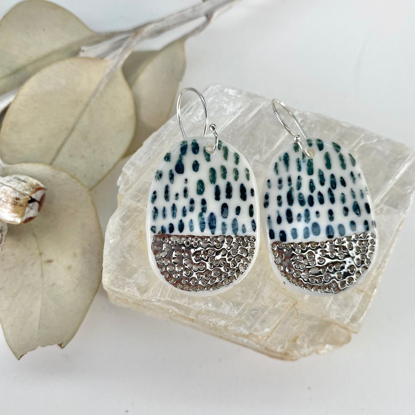 Hand Painted Porcelain Earrings With Silver Detail